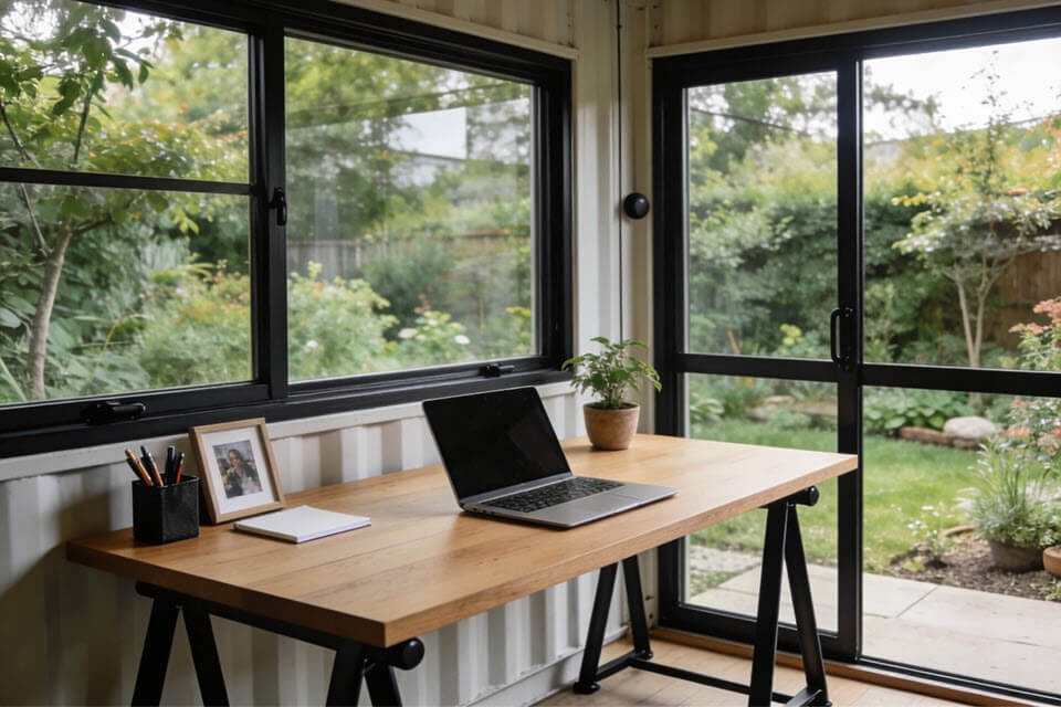 Moderný home office v obytnom kontajneri s pracovným stolom a výhľadom do záhrady vhodný na prácu z domu a kreatívnu tvorbu