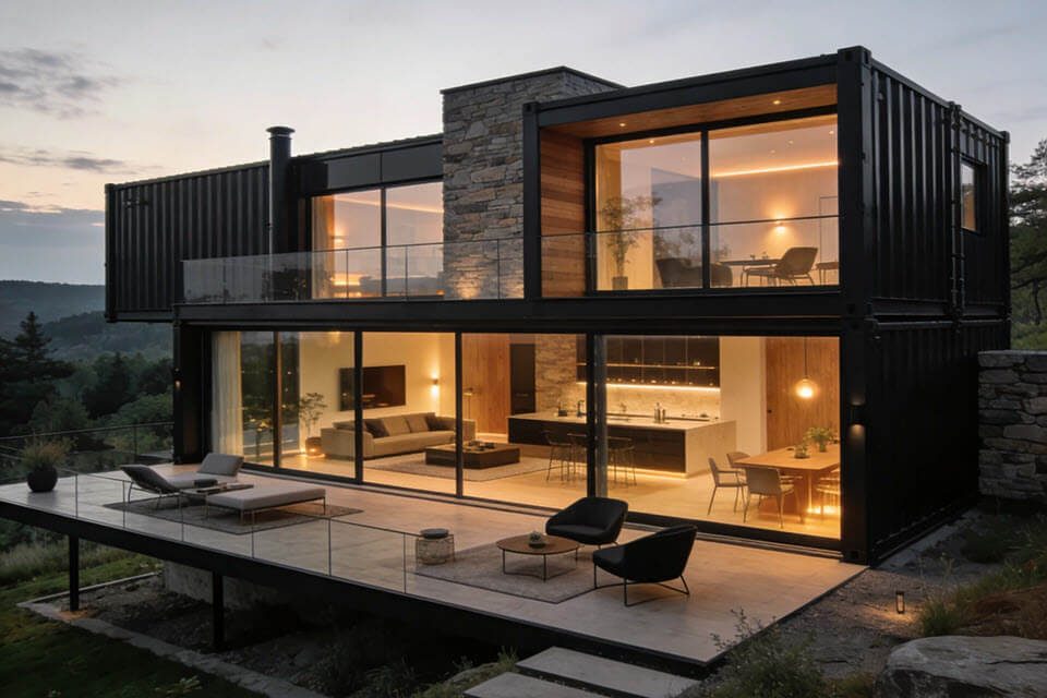 Luxusné modulové bývanie z obytných kontajnerov s modernou architektúrou a veľkým presklením