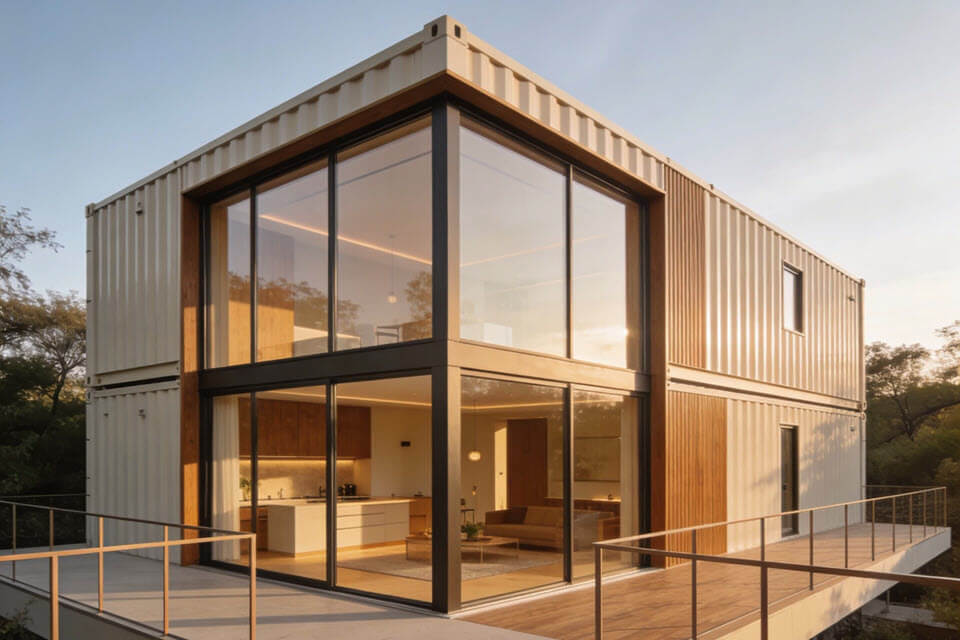 Moderný obytný kontajner využívaný na bývanie, rekreáciu alebo podnikanie s veľkým presklením a minimalistickou architektúrou