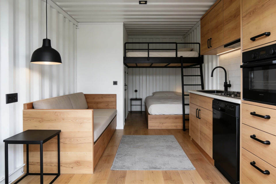 Tiny house obytný kontajner s minimalistickým interiérom a efektívnym využitím priestoru