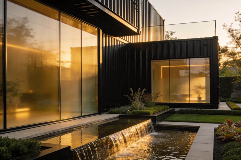 Luxusný moderný obytný kontajner s betónom, panoramatickými preskleniami a minimalistickou architektúrou
