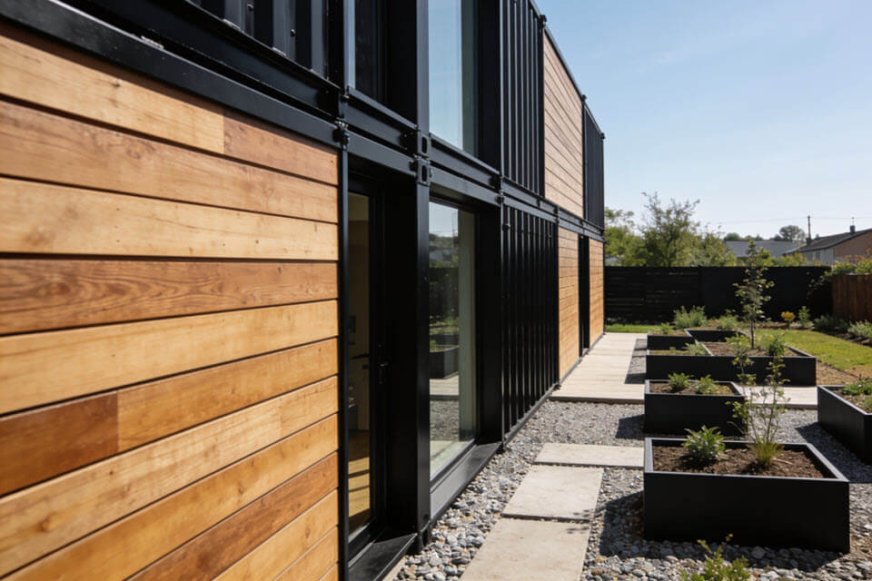 Moderný obytný kontajner s minimalistickou architektúrou a dreveným obkladom